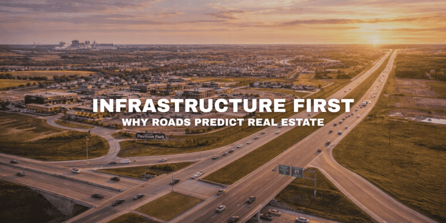 Aerial view of Pavilion Park in West Des Moines, Iowa along Grand Prairie Parkway near I-80, highlighting the 10-year commercial growth corridor and regional connectivity.