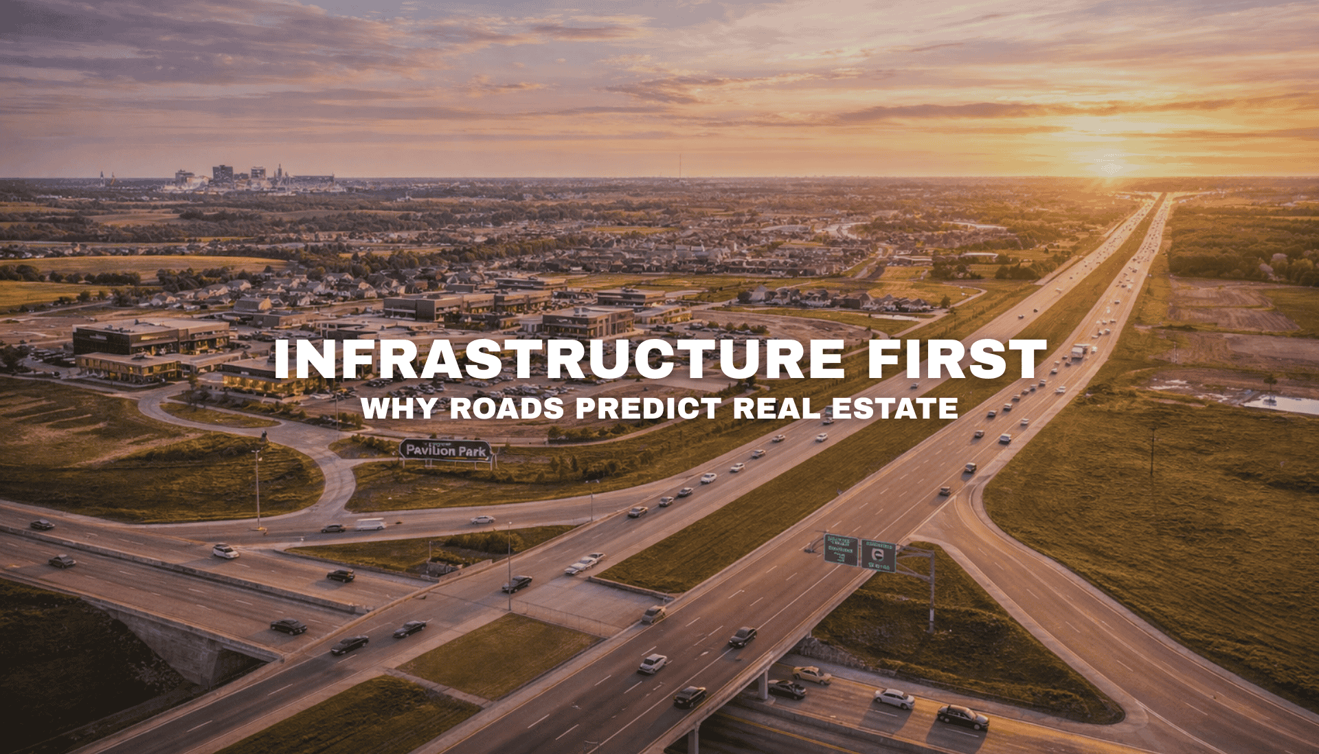Aerial view of Pavilion Park in West Des Moines, Iowa along Grand Prairie Parkway near I-80, highlighting the 10-year commercial growth corridor and regional connectivity.