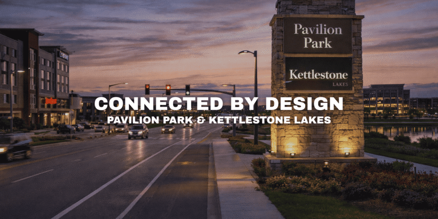 Street view of connected commercial corridor linking Pavilion Park and Kettlestone Lakes along Grand Prairie Parkway in West Des Moines and Waukee Iowa