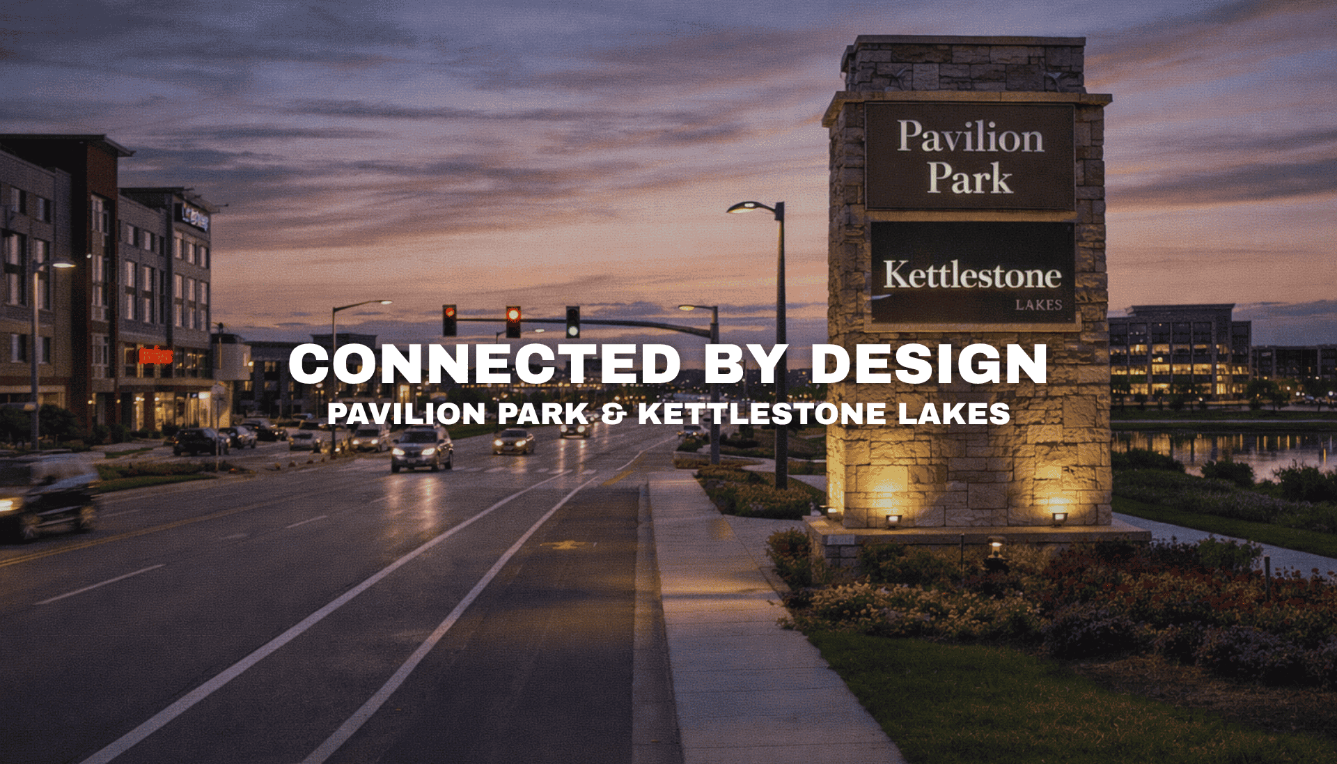 Street view of connected commercial corridor linking Pavilion Park and Kettlestone Lakes along Grand Prairie Parkway in West Des Moines and Waukee Iowa