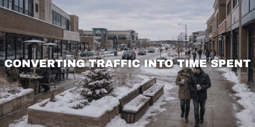 Winter street view inside Pavilion Park in West Des Moines with modern mixed-use buildings, snowy sidewalks, pedestrians, outdoor seating, and a walkable commercial corridor.