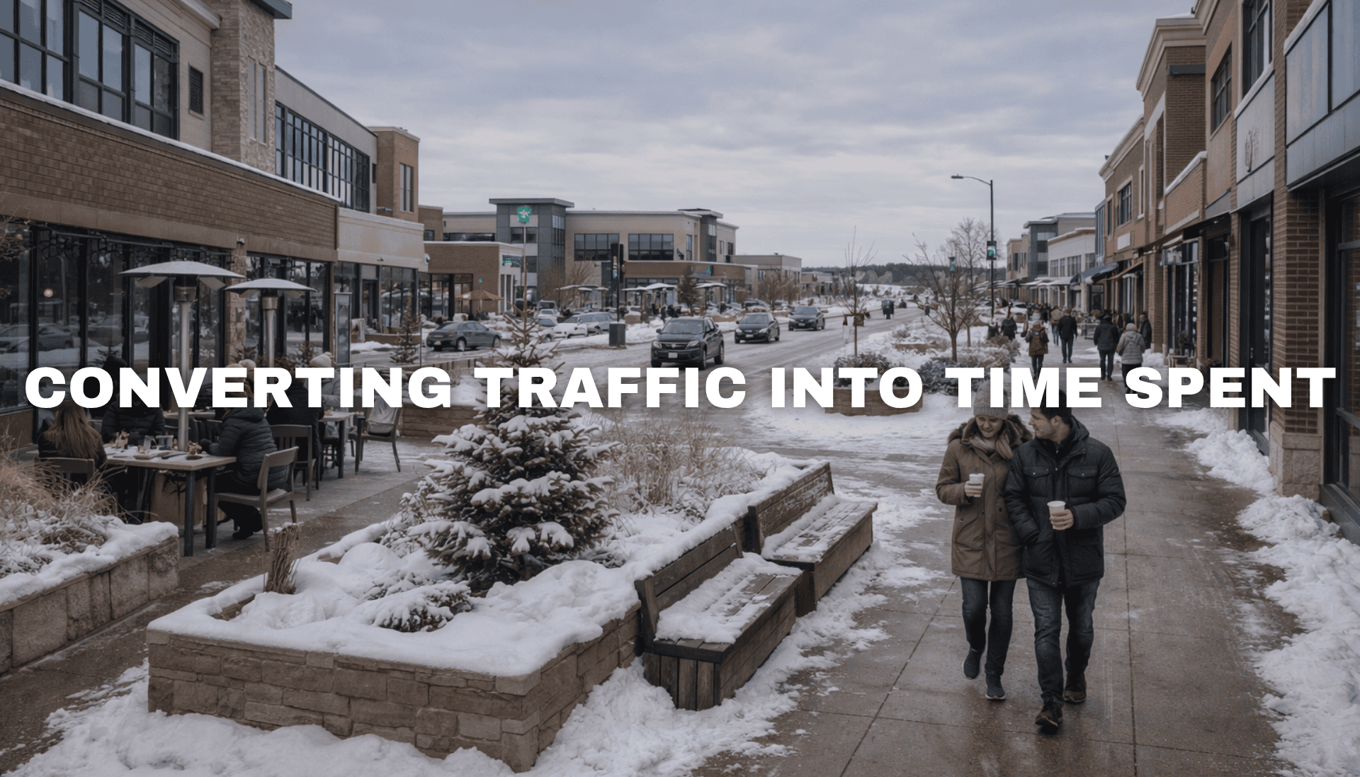 Winter street view inside Pavilion Park in West Des Moines with modern mixed-use buildings, snowy sidewalks, pedestrians, outdoor seating, and a walkable commercial corridor.