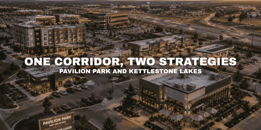 Aerial view of a modern commercial corridor in West Des Moines with interstate access, hotels, restaurants, retail, office buildings, parking, and roadway visibility representing Pavilion Park and Kettlestone Lakes growth opportunities.