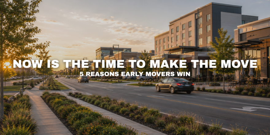 Street-level view of Pavilion Park in West Des Moines, Iowa with modern commercial buildings, landscaped sidewalks, roadway traffic, hotel and retail uses, and growth corridor development near I-80.