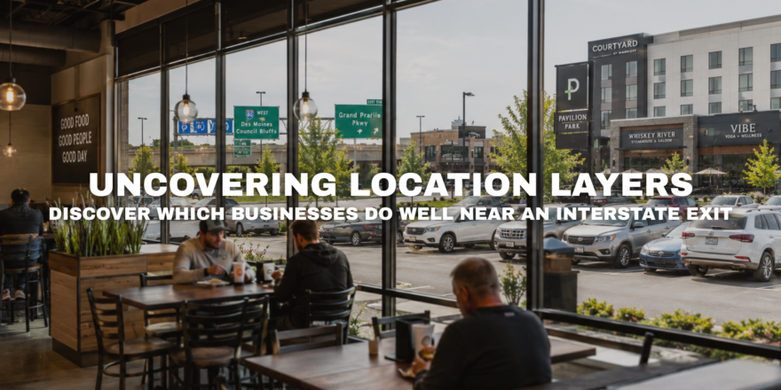 Interior view of a modern café at Pavilion Park in West Des Moines, Iowa overlooking parking, hotel, retail, restaurant, wellness businesses, and interstate access.
